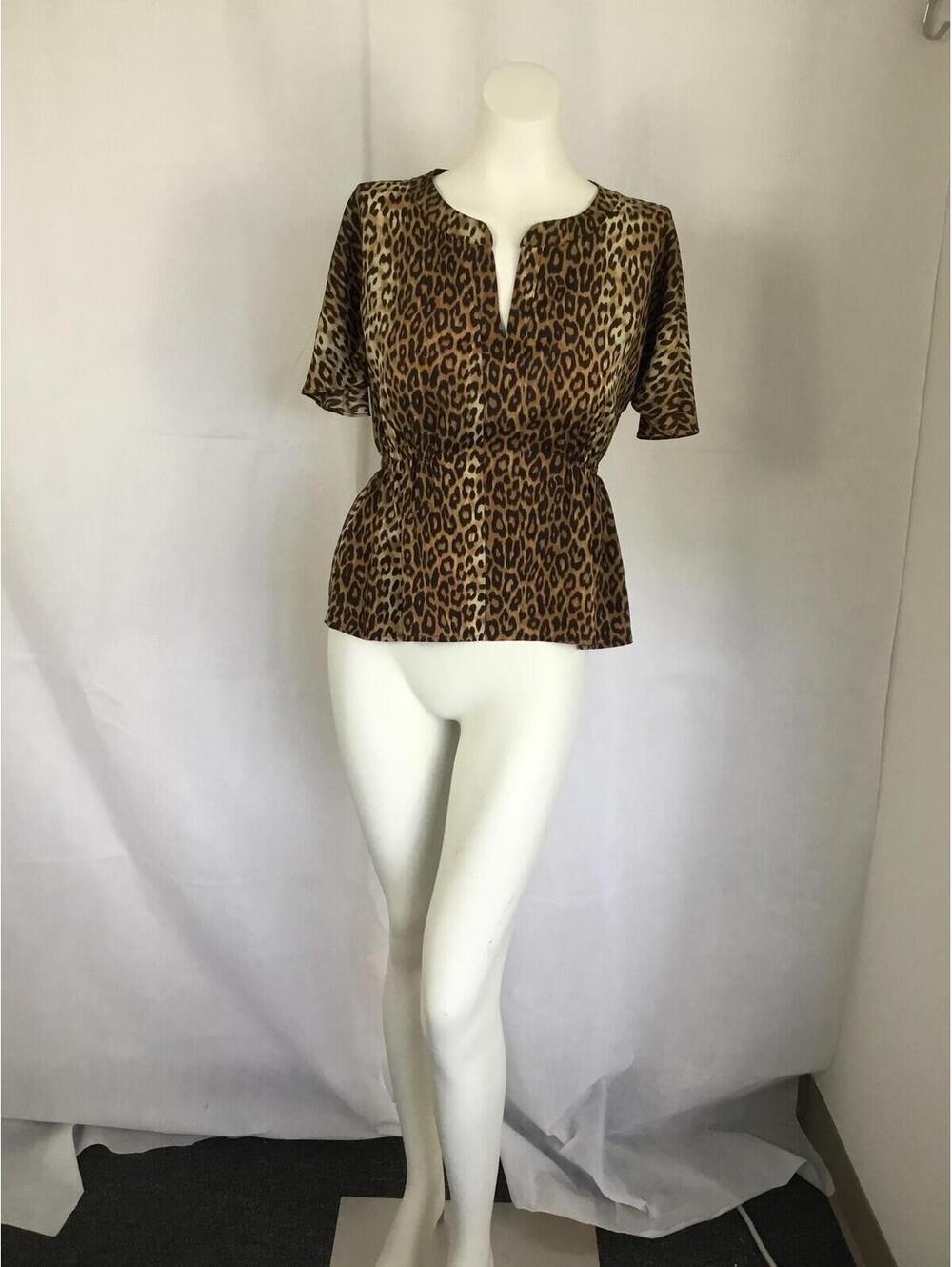 [385]BCBGMAXAZRIA Blouse W XS Brown Leopard Animal Print Short Sleeve Peplum Top